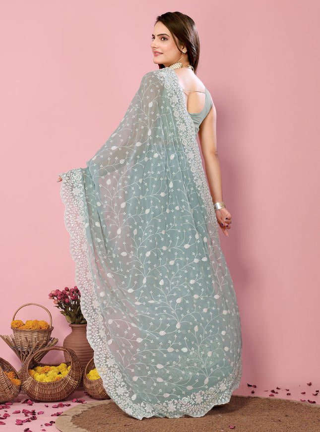 Sky Blue Georgette Embroidered Saree