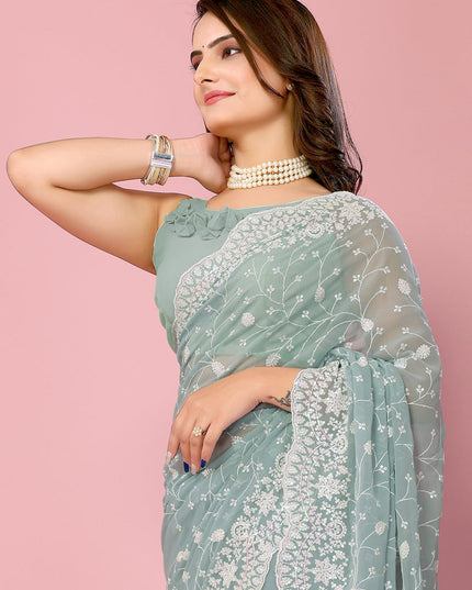 Sky Blue Georgette Embroidered Saree