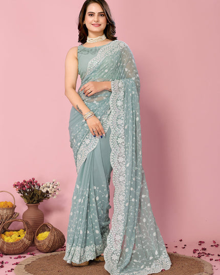 Sky Blue Georgette Embroidered Saree