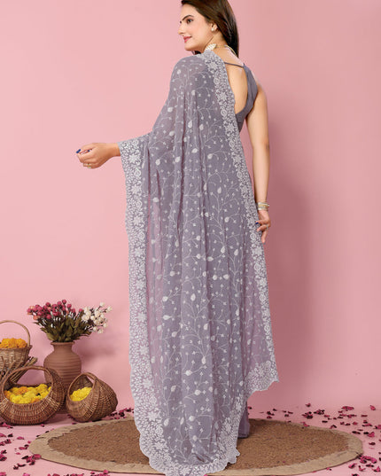 Grey Georgette Embroidered Saree