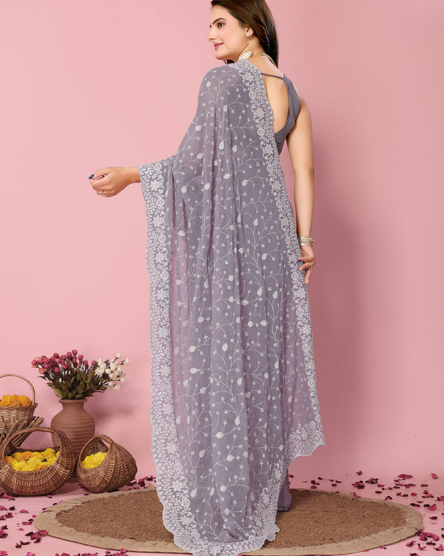 Grey Georgette Embroidered Saree