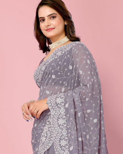 Grey Georgette Embroidered Saree