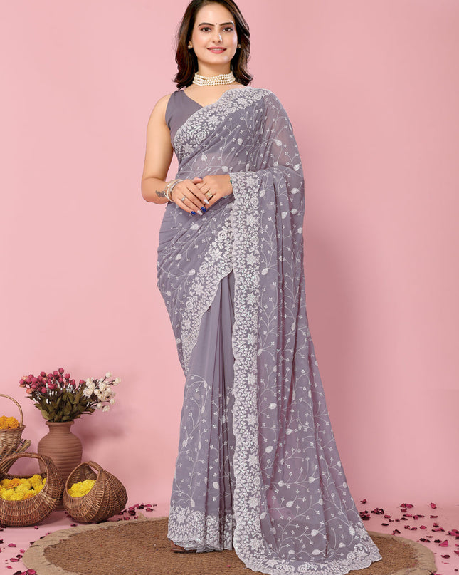 Grey Georgette Embroidered Saree