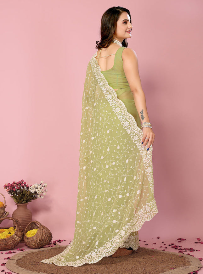 Pista Green Georgette Embroidered Saree