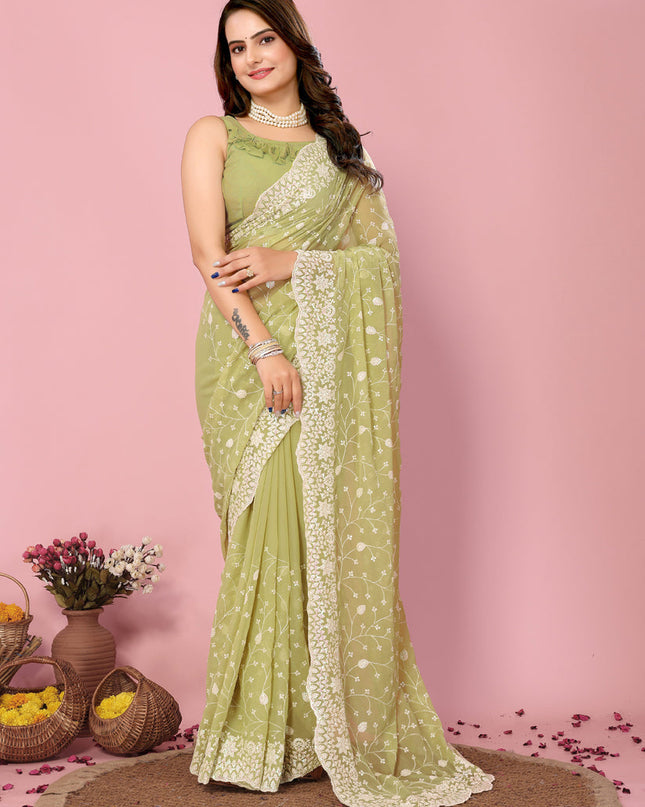 Pista Green Georgette Embroidered Saree