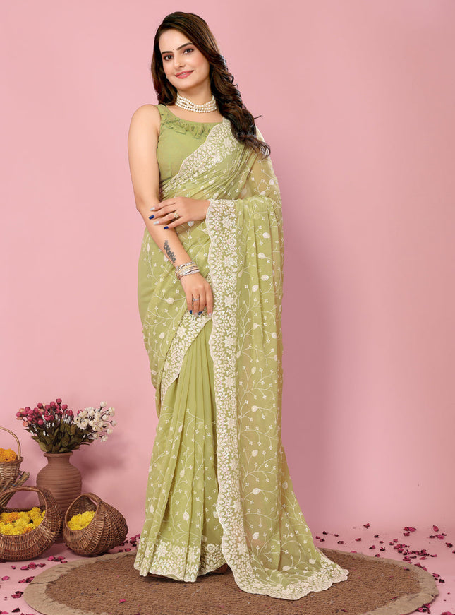 Pista Green Georgette Embroidered Saree