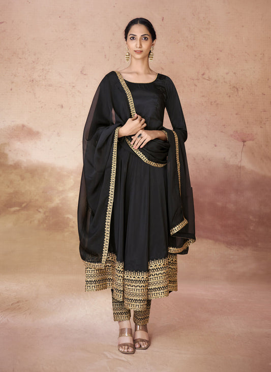 Black Crepe Readymade Anarkali Suit