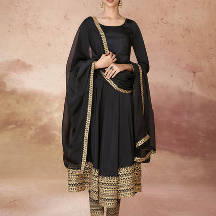 Black Crepe Readymade Anarkali Suit