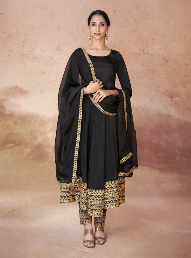 Black Crepe Readymade Anarkali Suit