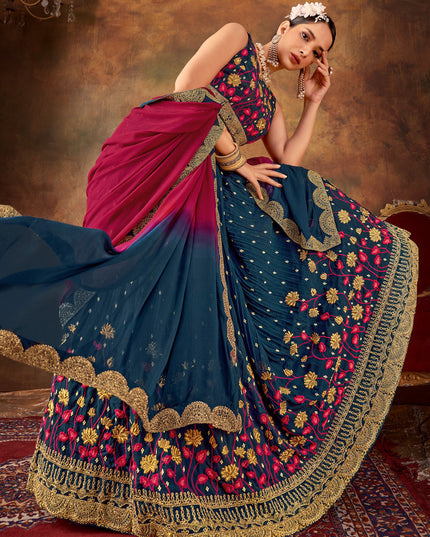Prussian Blue Pure Georgette Sequins & Thread Work Lehenga Choli