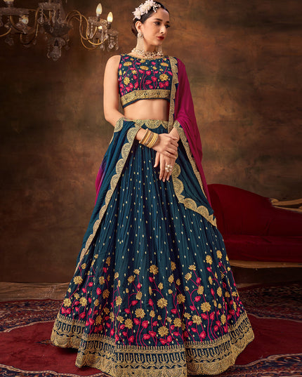 Prussian Blue Pure Georgette Sequins & Thread Work Lehenga Choli
