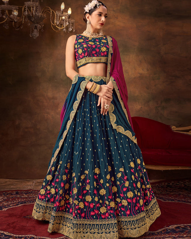 Prussian Blue Pure Georgette Sequins & Thread Work Lehenga Choli