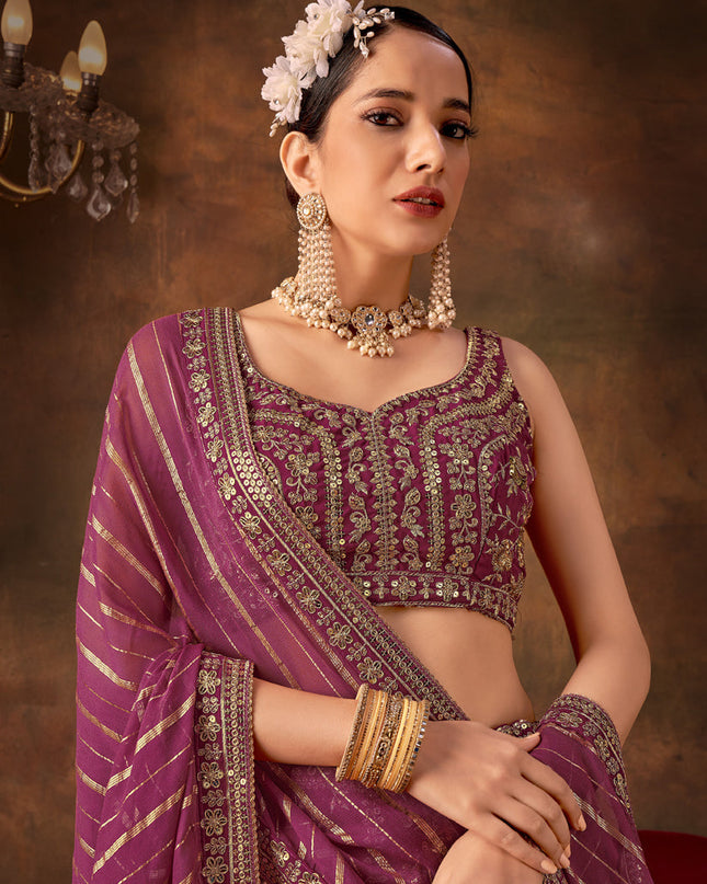 Wine Pure Georgette Sequins & Thread Work Lehenga Choli
