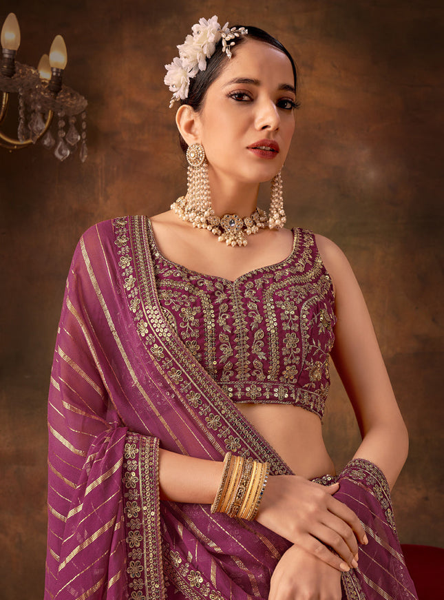 Wine Pure Georgette Sequins & Thread Work Lehenga Choli