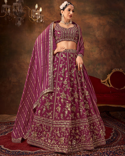Wine Pure Georgette Sequins & Thread Work Lehenga Choli