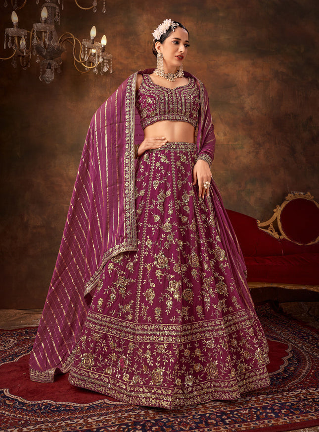 Wine Pure Georgette Sequins & Thread Work Lehenga Choli