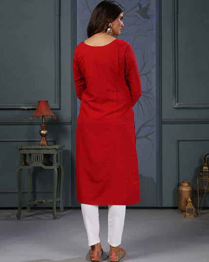 Rust Red Cotton Embellished Kurti with Bottom