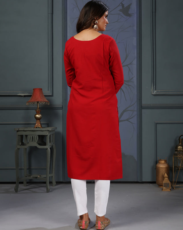 Rust Red Cotton Embellished Kurti with Bottom