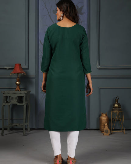 Pine Green Cotton Embellished Kurti with Bottom