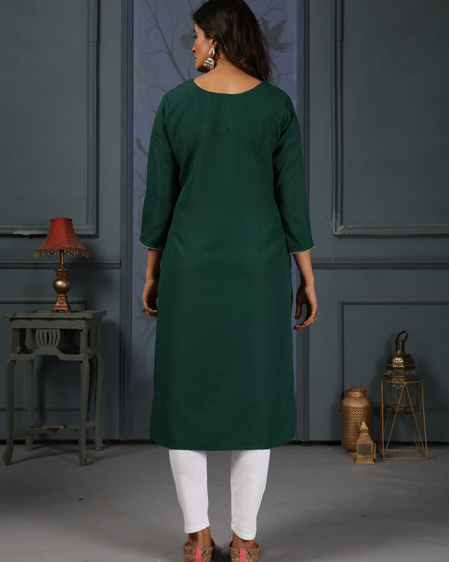 Pine Green Cotton Embellished Kurti with Bottom