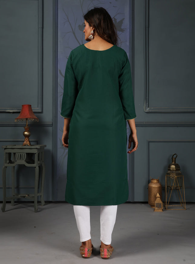 Pine Green Cotton Embellished Kurti with Bottom