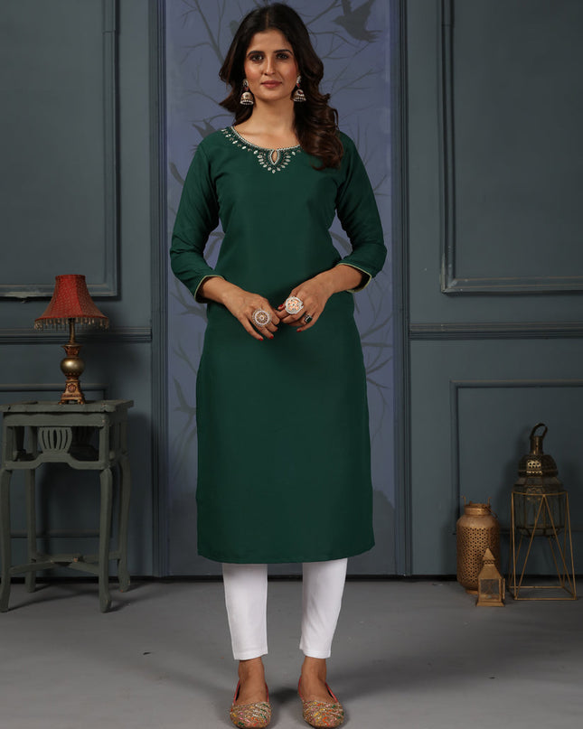 Pine Green Cotton Embellished Kurti with Bottom