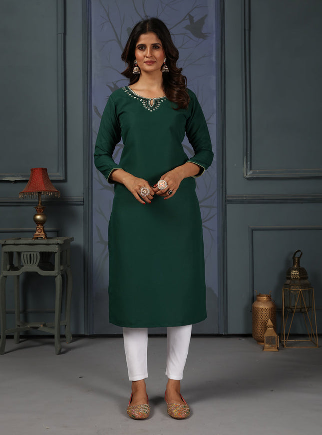 Pine Green Cotton Embellished Kurti with Bottom