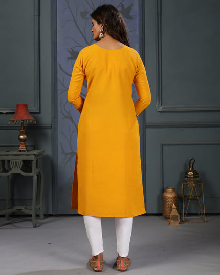 Mustard Yellow Cotton Embellished Kurti with Bottom