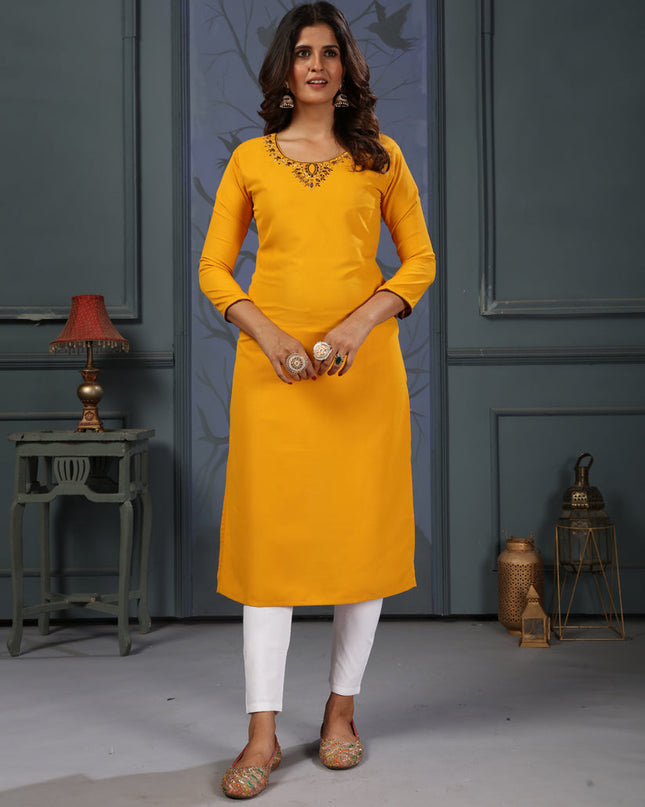Mustard Yellow Cotton Embellished Kurti with Bottom