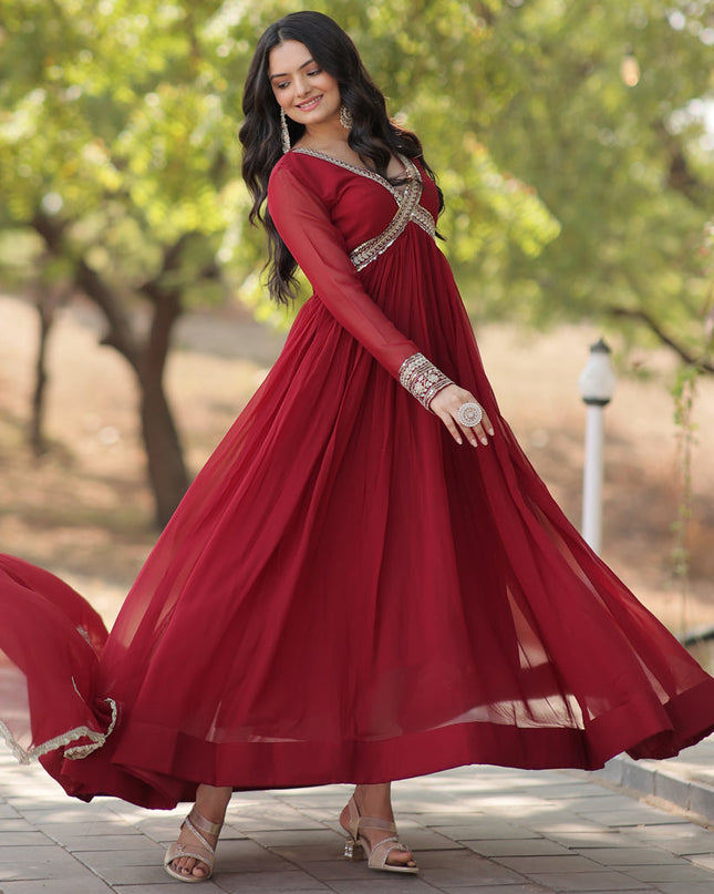Maroon Faux Georgette Embroidered Gown