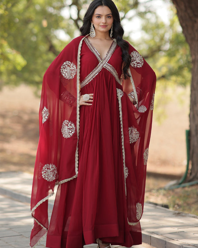 Maroon Faux Georgette Embroidered Gown