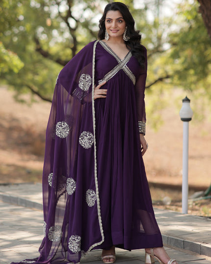 Purple Faux Georgette Embroidered Gown