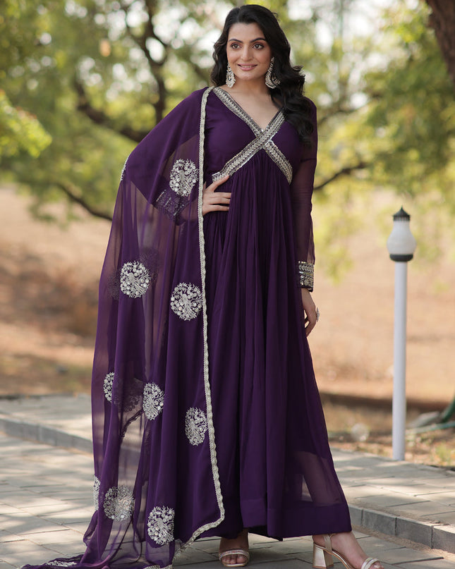 Purple Faux Georgette Embroidered Gown