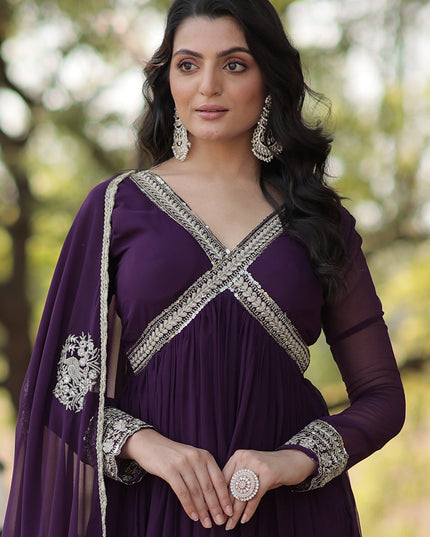 Purple Faux Georgette Embroidered Gown