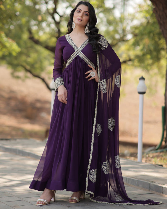 Purple Faux Georgette Embroidered Gown