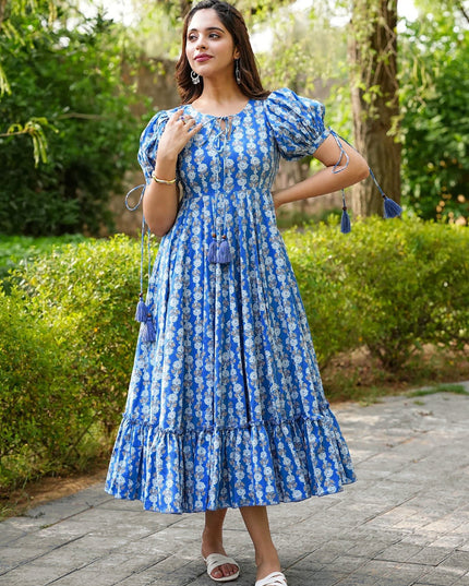 Blue Heavy Rayon Digital Print Readymade Gown