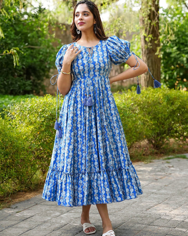 Blue Heavy Rayon Digital Print Readymade Gown