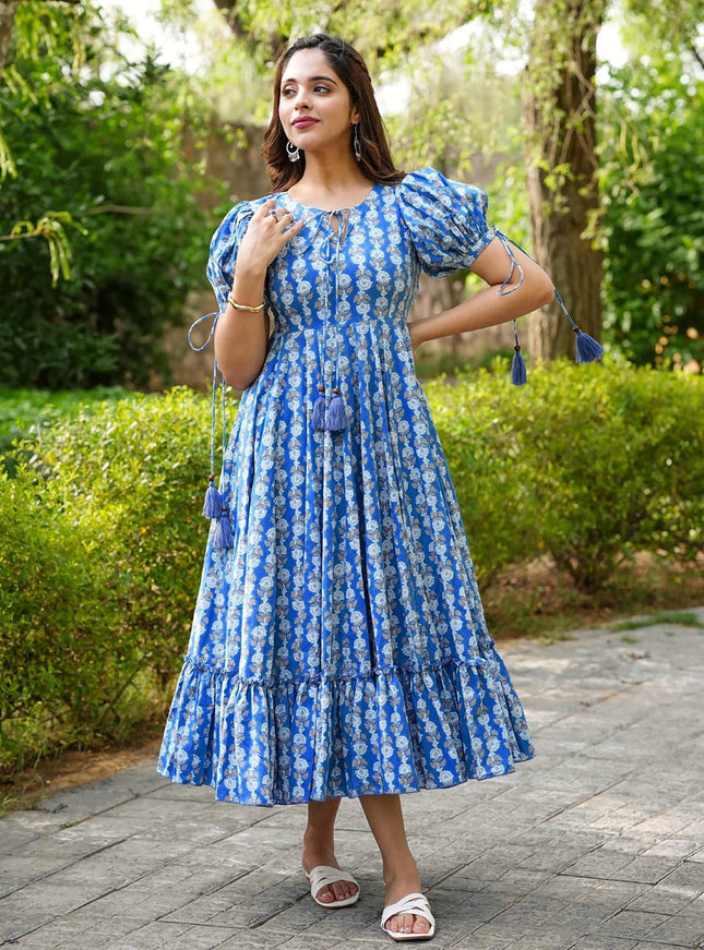 Blue Heavy Rayon Digital Print Readymade Gown