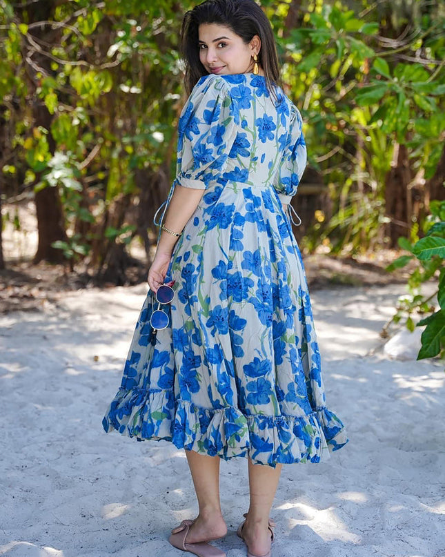 Blue Heavy Rayon Digital Print Readymade Gown