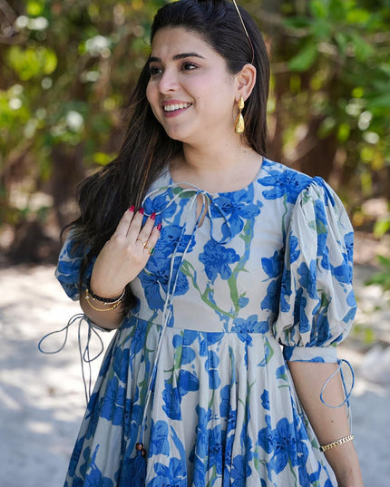 Blue Heavy Rayon Digital Print Readymade Gown