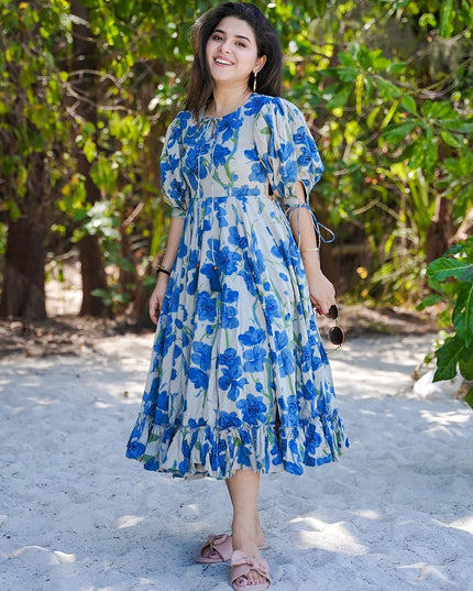 Blue Heavy Rayon Digital Print Readymade Gown