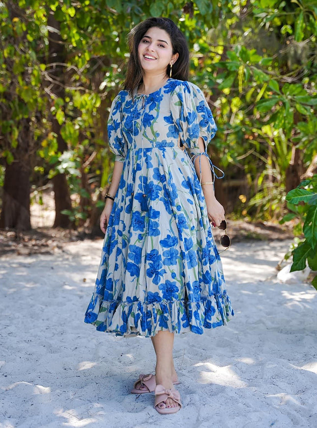 Blue Heavy Rayon Digital Print Readymade Gown