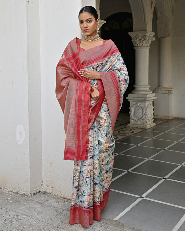 Off White Banarsi Silk Floral Printed Woven Saree