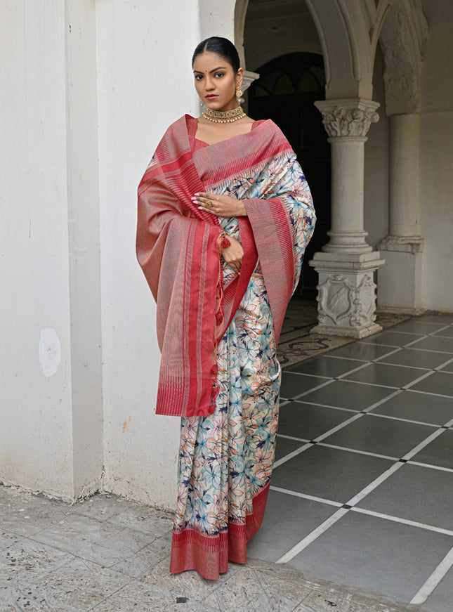 Off White Banarsi Silk Floral Printed Woven Saree