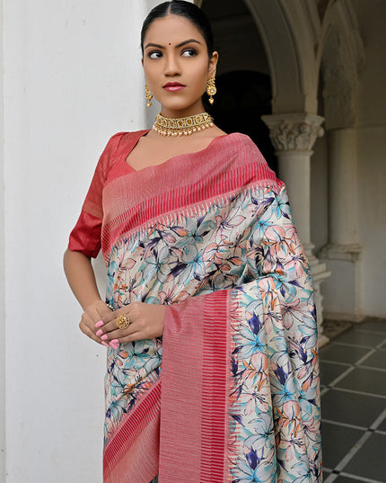 Off White Banarsi Silk Floral Printed Woven Saree