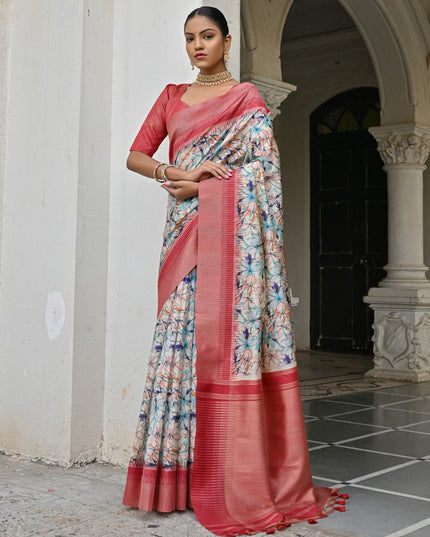 Off White Banarsi Silk Floral Printed Woven Saree