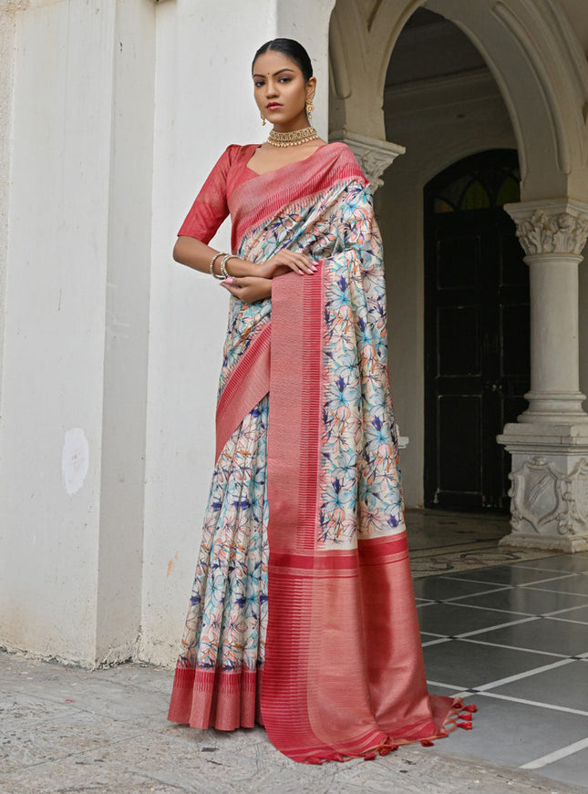 Off White Banarsi Silk Floral Printed Woven Saree