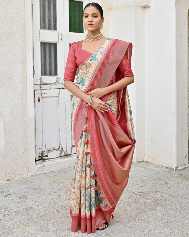 Off White Banarsi Silk Floral Printed Woven Saree