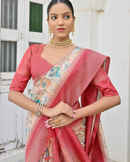 Off White Banarsi Silk Floral Printed Woven Saree