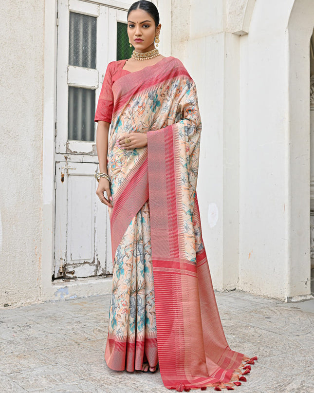 Off White Banarsi Silk Floral Printed Woven Saree